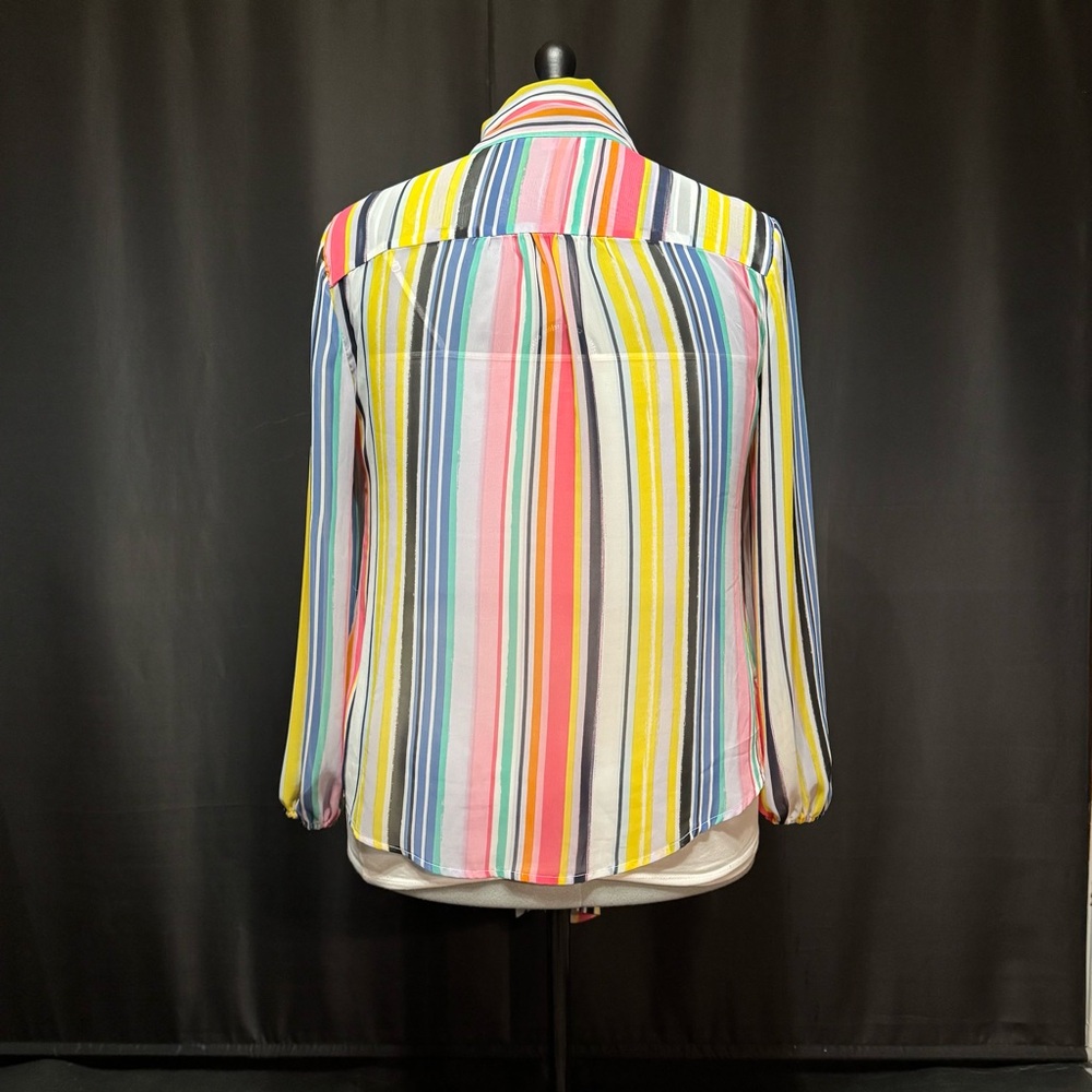New York & Company Rainbow Sheer Vertical Stripes Tie-Neck Blouse | Size XL - Picture 3 of 16